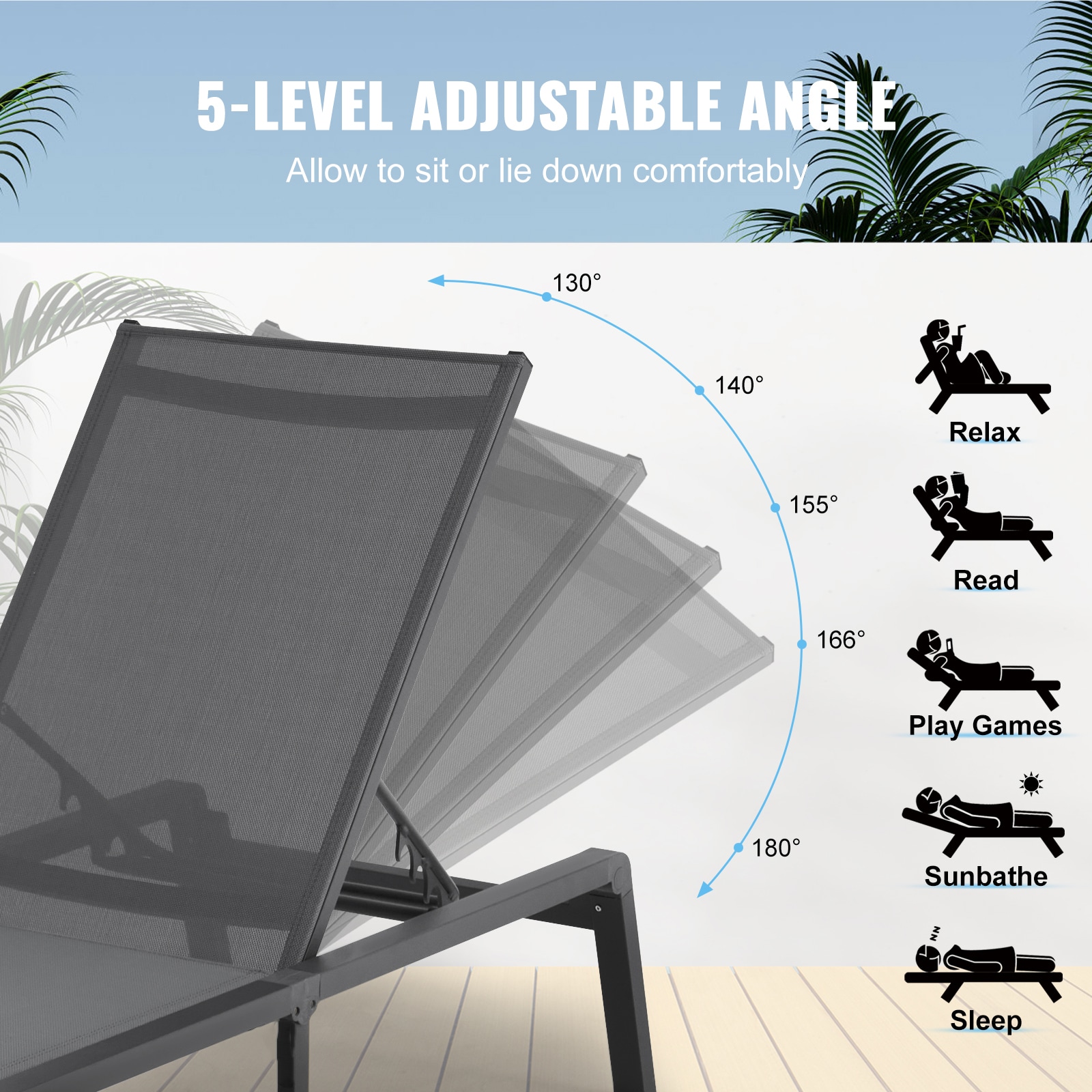 Outdoor Patio Lounge Chair With Adjustable 5 Position Backrest_voghion.com